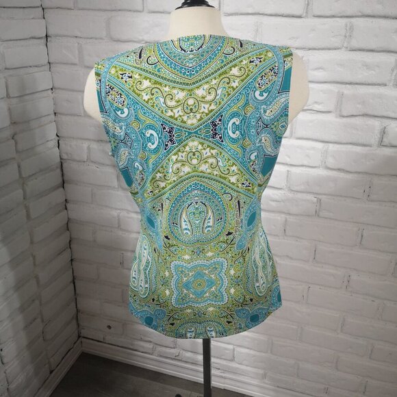 Jones New York Signature Ladies Size Large Green Teal White & Black Pattern Top - Picture 2 of 9